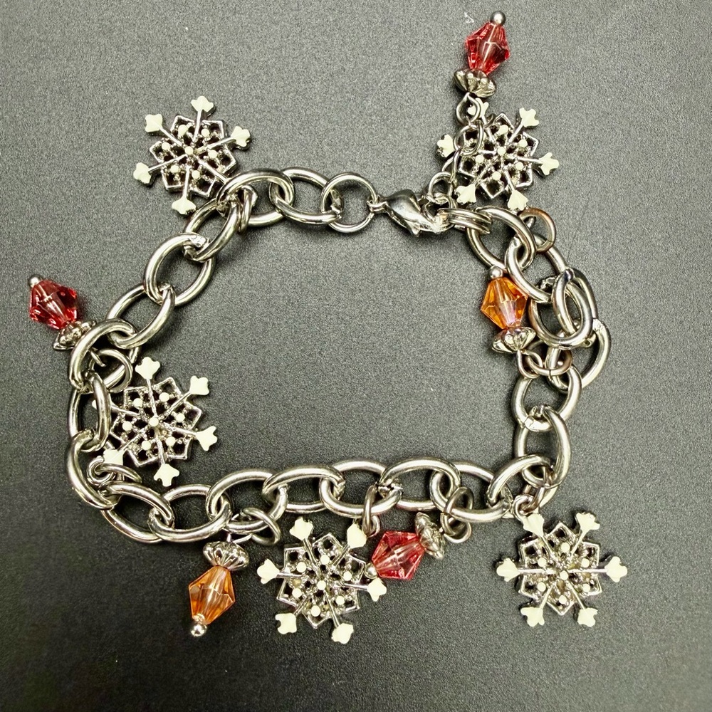 Lia Sophia Silver Wintery Themed Adjustable Bracelet with Pink and Orange Charms